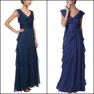 Adrianna Papell Blue Tiered Ruffle Gown Maxi Dress